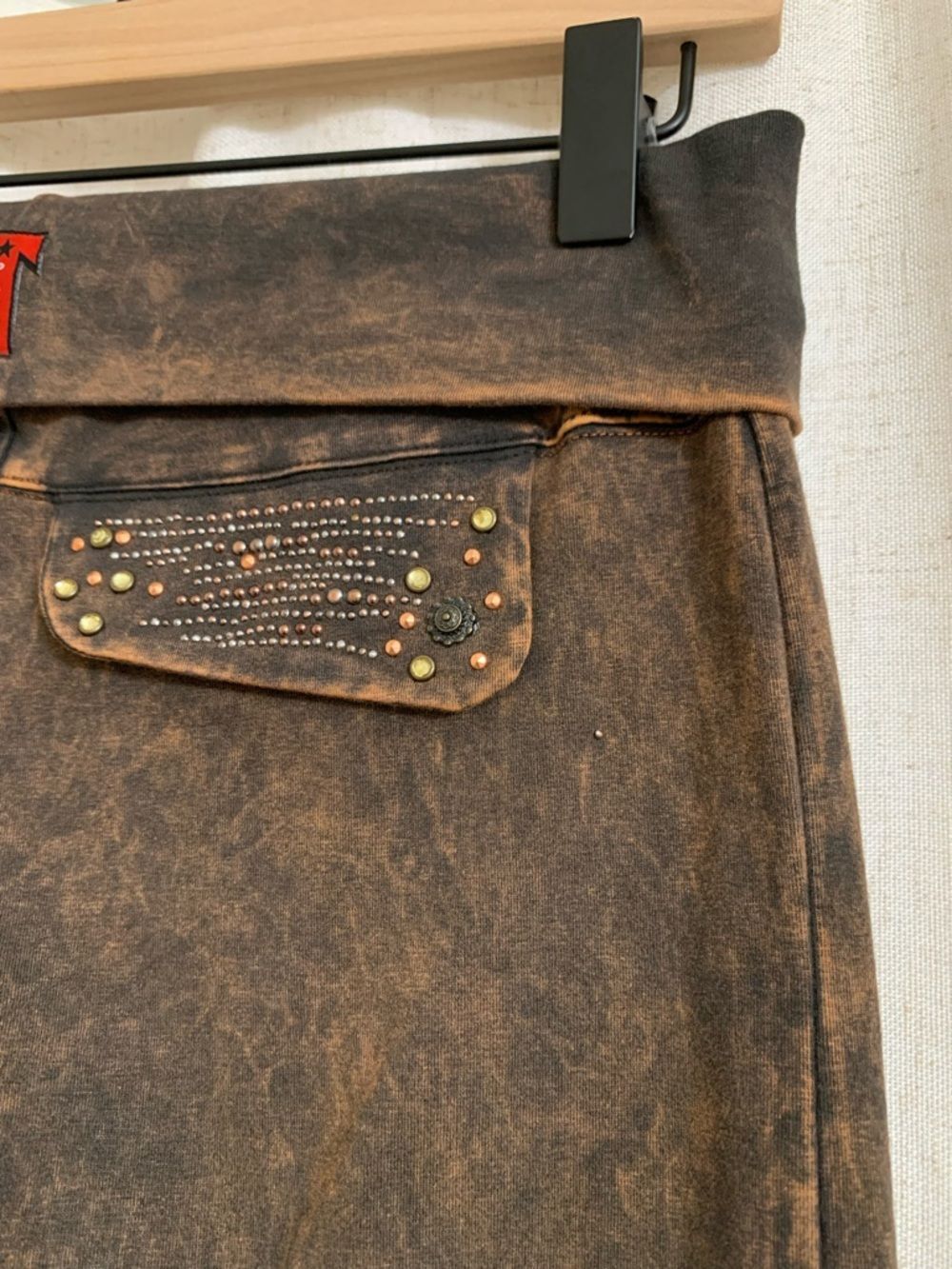 T Party Brown Mineral Wash Fold Over Legging Distressed Embellished Pant Bootcut - Picture 7 of 7